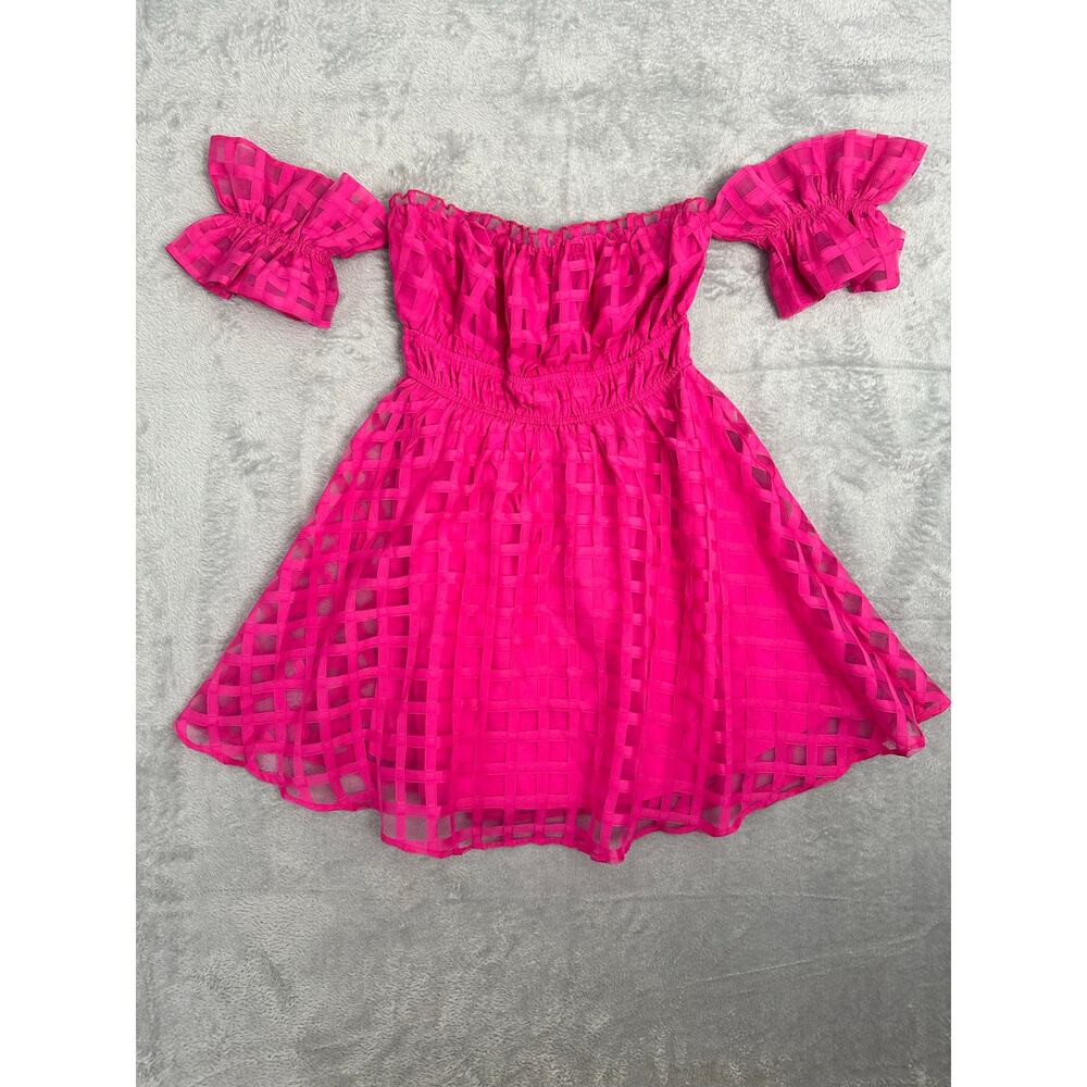 Hot Pink Plaid Mesh Mini Dress Small S Textured Overlay Ruffle Summer Y2K